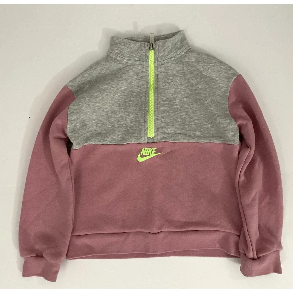 Nike Girls 1/2 Zip Fleece Sweatshirt Gray Pink Neon Green Size M 5-6 YRS